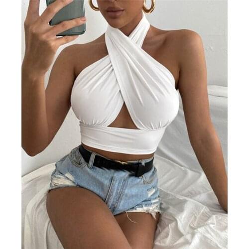 Women Summer Tank Tops, Solid Color Cross Halter Neck Backless Close-Fitting Crop Tops for Girls, 4 Colors