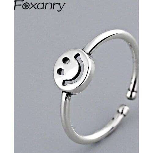 Evimi 925 Sterling Silver Vintage Smiling Face Rings Creative Personality anillos Party Jewelry for Women Size 16mm Adjustable