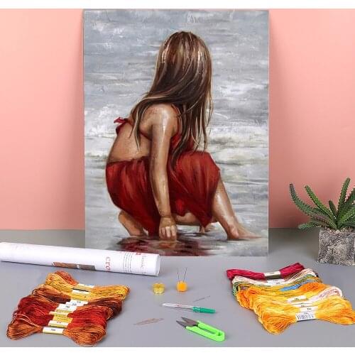 Flower Girl Printed Water-Soluble Canvas 11CT Cross-Stitch Embroidery Complete Kit DMC Threads Handmade Sewing Sales