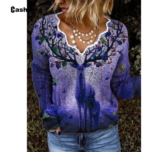 Women Elegant Leisure Casual Shirt Elk Print T-shirt Long Sleeve Plus size Femme Top 2021 Spring Autumn New Knitting Tees shirt