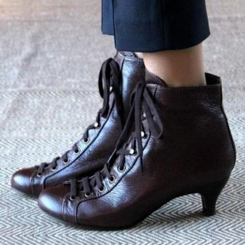 Women Ladies Low Kitten Heel Ankle Boots Victorian Retro Lace Up PU Leather Shoes