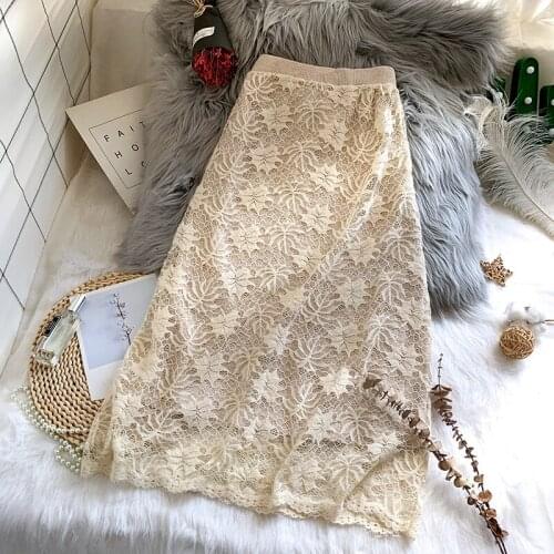 2021 Women Autumn and Winter Skirts for Women Lace High-waisted Knitted Thickened Hollow Out Solid Casual Empire Korean 0881