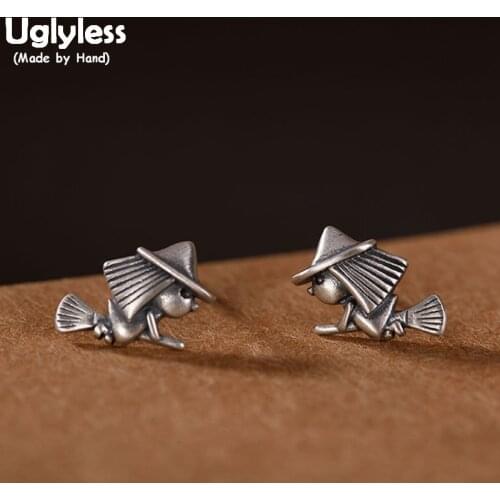 Uglyless Handmade Witch Broom Creative MINI Studs Earrings for Women Thai Silver 925 Silver Earrings Western Myth Brincos Bijoux
