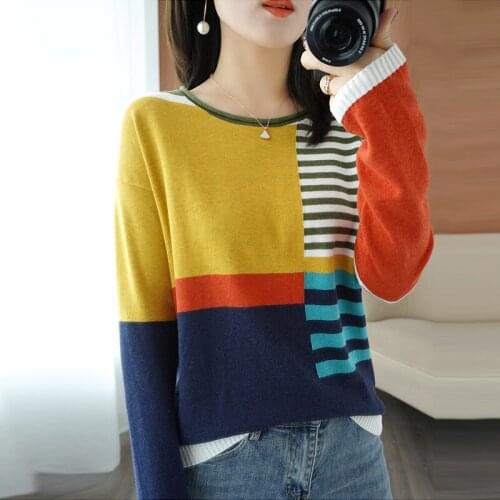 JMPRS Multicolor Women Sweater Autumn Soft Pullover Striped Patchwork Knitted Women Jumper Causal O Neck Fashion 2021 Basic Tops