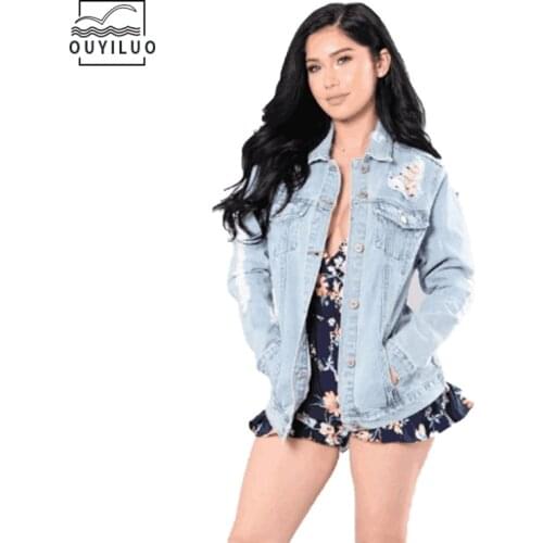 Womens Cowboy Coat Hole Slimming Denim Jacket Ripped Women Jactet Factory Direct Sales European and American Hot Selling Coat