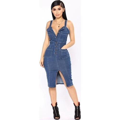 Backless Bodycon Midi Dress Women Spring summer off shoulder Vestidos 2020 with Pocket Button Jeans Dress Sexy Split Denim Dress