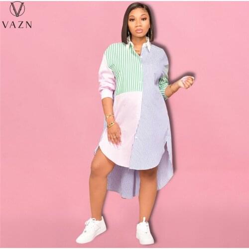 VAZN 2021 Autumn Office Lady Patchwork Sweet Young Chiffon Shirt Long Dress Full Sleeve Women Nature Loose Maxi Dress