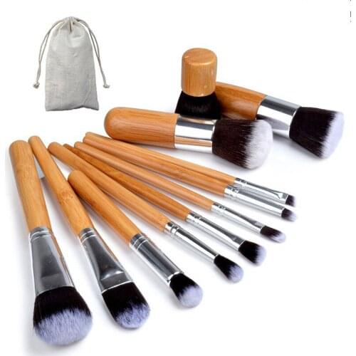 11PCS Bamboo Makeup Brushes Set with Cloth Bag Cosmetics Foundation Make Up Tools Kit for Powder Blusher Eye shadow Eyeliner
