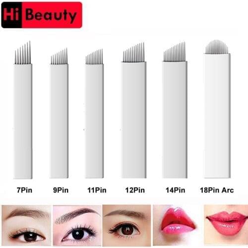 20pcs/lot Disposable Sterilized White 7/9/11/12/14/18 Pin Permanent Makeup Manual Eyebrow Tattoo Needles Blade For 3D Embroidery