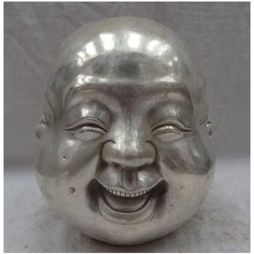 8" Chinese Silver Buddhism 4 Face Happy Laughing Maitreya Buddha Head Statue Garden Decoration 100% Tibetan silver Bronze
