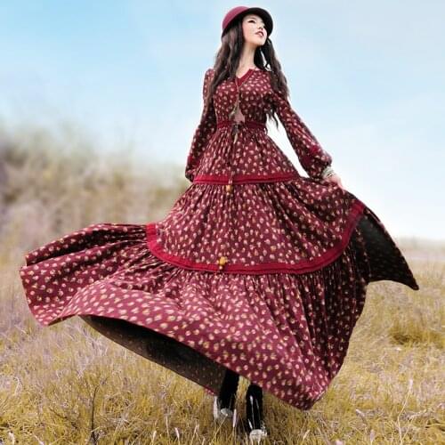 Free Shipping 2020 Fashion Floral Print Women Bohemian Cotton Long Maxi Flower Lantern Sleeve Dresses Spring And Autumn Gorgeous
