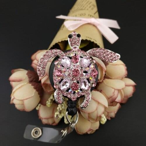 10PCS Retractable Pink Rhinestone Animal Turtle Badge Reel Student Nurse Exihibiton ID Name Card Badge Holder Office