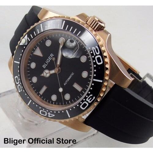 BLIGER 24 Jewels NH35 40mm Gold Coated Watch Case Automatic Mens Watch Date Magnifier Miyota Movement Luminous Ceremic Bezel