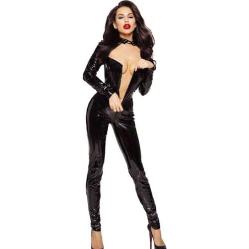 Hollow Out Shiny Full Bodysuit PU Faux Leather Oil Gloosy Sexy Tight Shaping Thong Deep V Neck Bandage Bodysuit Women