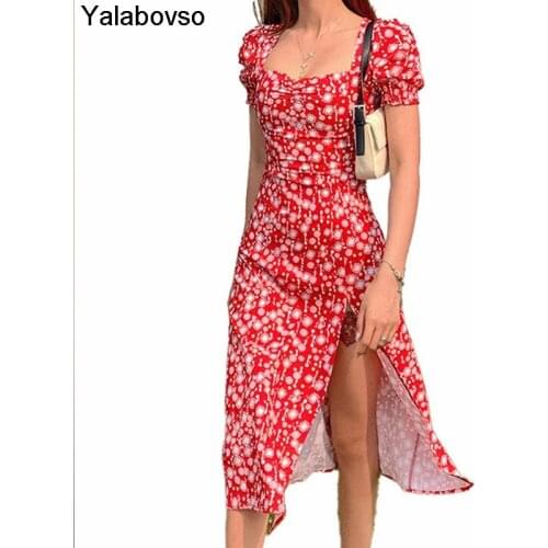 Floral Print Square Collar Side Split Midi Dress Vestido 2021 Women Summer Vintage Party Dresses Lady France Style Puff Sleeve