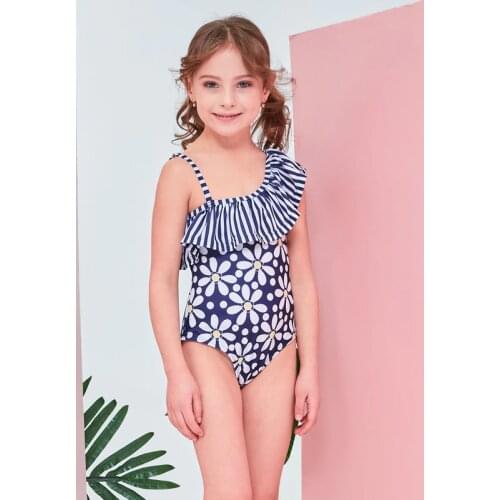 2019 New Baby Girl Swimsuit Children One Piece Swimwear Pretty Floral One Shoulder Ruffled Swimsuit Age 3-8 Years