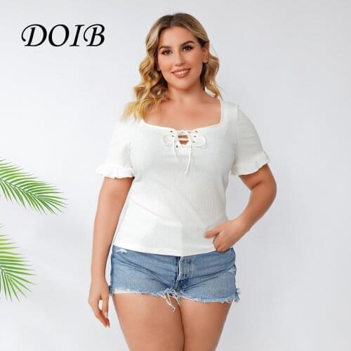 DOIB Women Black Print T-shirt Plus Size Tees Short Sleeve Ruffle Bandage Casual Tees 2021 Summer Large Size T-shirt