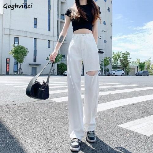 Jeans Women Holes Chic Harajuku Casual Female Straight Hip-hop Mopping Vintage Summer High Waist Trousers Preppy Style Trendy