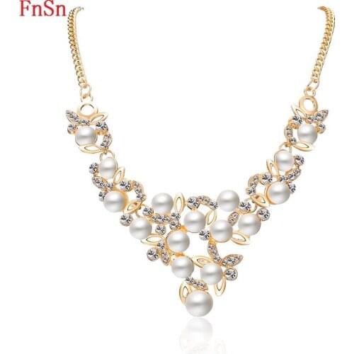 FnSn New 2017 Hot Summer Necklace Flower Shape Choker Collar Zinc Alloy Pearl Crystal Women Gift Fashion Jewelry Wholesale N106