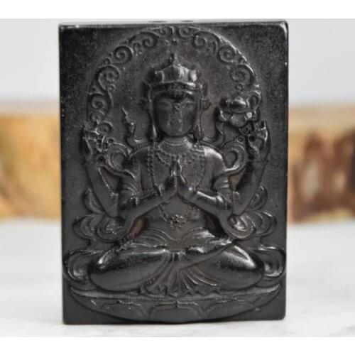 Hongshan culture archaize black iron meteorite sculpture Four arm Guanyin amulet pendant
