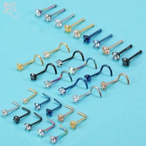 ZS 3 Shape 10 Pcs/lot Stainless Steel Nose Stud 2/3MM Round CZ Crystal Nose Ring Piercings Colorful 20G Nostril Piercing Jewelry