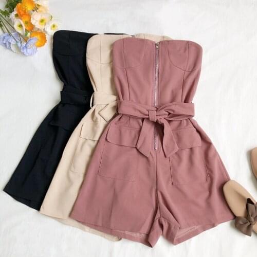 New Fashion Women Playsuit Solid Packets Zipper Lace Up Waistband Breast Wrapping Loose Wide-Leg Shorts Overalls Ladies Romper