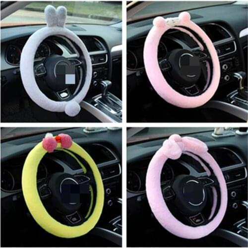 Cartoon Car Steering Wheel Cover Duck Sheep Rabbit Cute Winter Long Wool Anti Slip Handlebar Glove Adornment Woman