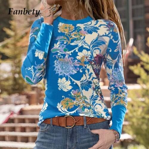 Fashion O Neck Floral Print Women T Shirts Elegant Spring Long Sleeve Slim Pullover Tops Casual Autumn Basic Harajuku Tee Shirts