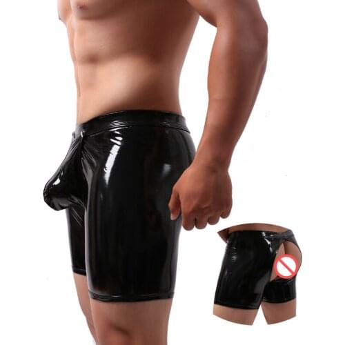 Richkeda Store New Men Long Boxer Shorts Sexy Big Penis Bag Panties Patent Leather Buttons Erotic Hollow Gay Underwear Brand