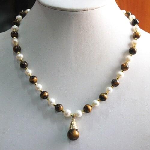 Simplest fashion design jewelry! wholesale/retail 8mm white shell pearl and tiger eye stone necklace pendant