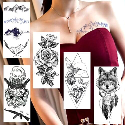 DIY Mountian Temporary Tatoo Sticker Fake Pencil Sketch Rose Wolf Hummingbird Tatoo Waterproof Gangster Firearms Tatoo For Adult