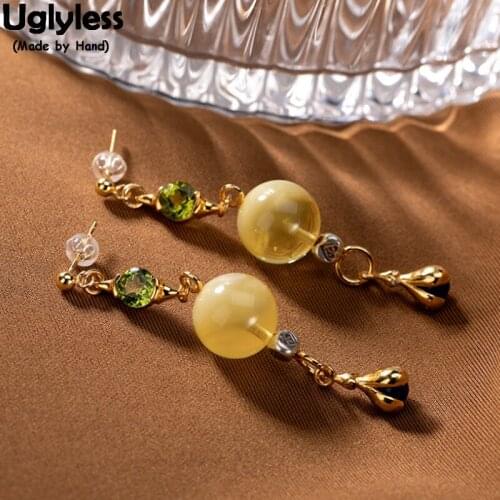 Uglyless Pretty Natural Beeswax Amber Earrings for Women Lapis Grape Stone Long Dangle Earrings 925 Silver Summer Dress Jewelry