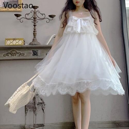 Japanese Sweet Jsk Lolita Princess Dress Women Elegant Cute Bow Lace Ruffles Tulle Slip Dress Girly Kawaii Fairy Party Dresses
