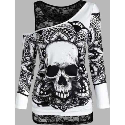Gothic Casual Women T Shirts Skull Graphic Off Shoulder Two Piece Tee Sets Long Sleeve Sleeveless Spring Tops Female Clothes D30