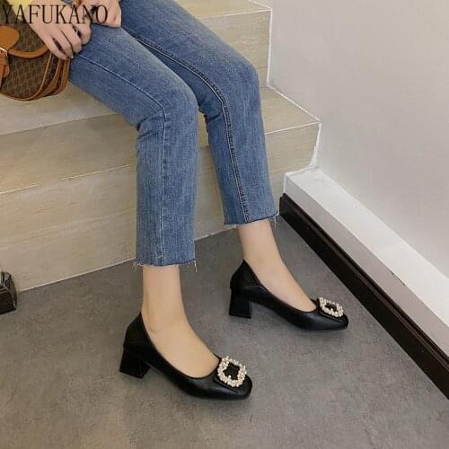 Women Shoes Square Toe Ladies Pumps Luxurious Pearl Buckle Soft Leather Block Heel High Heels 5 Cm Mid-Heel Party Dress Shoes