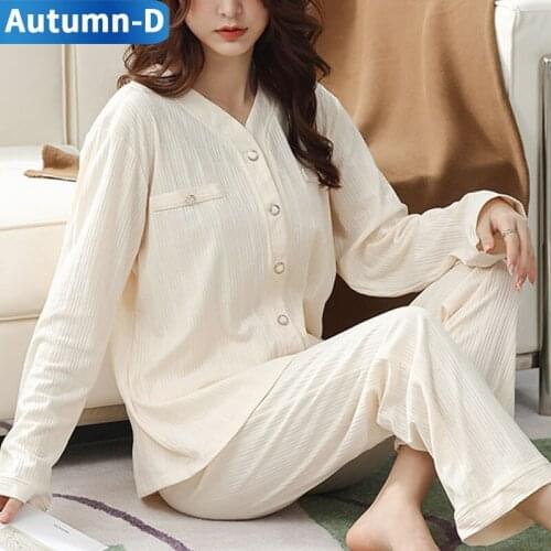 Two-Piece Womens pajamas Cotton Sleepwear Trouser Suits Plus Size Home Clothes Female Pijama Sets White Night Wear Loose Pyjama