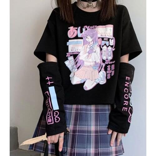 YGhan Anime Women T-shirts 2021 Gothic Print Feminine Clothes Japanese Style Tee Shirt Black Top Mujer With Split Sleeves