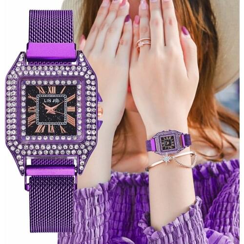 Women Magnet Buckle Square Shape Rhinestone Watch Luxury Ladies Stainless Steel Quartz Watches Clock Relogio Feminino