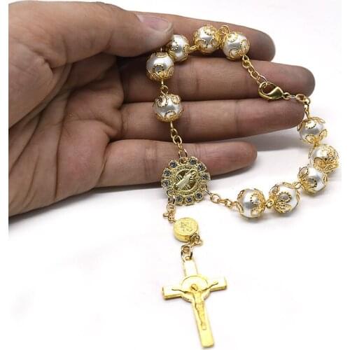 Catholic Gold Color Simulated Pearl Beaded Crucifix Saint Benedict Jesus Cross Rosaries Bracelet for Women Religious Jewelry