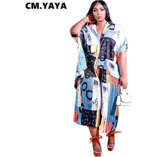 CM.YAYA Women Set Print Short Sleeve Turn-down Collar Loose Shirts Tops Wide Leg Pants Two 2 Piece Sets Casual Outfit Summer