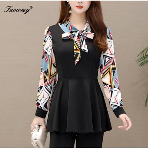 2020 Spring flower Womens bow collar elegant plus size 5XL Shirt Mesh Blouse+OL office long trousers Fashion Women sets