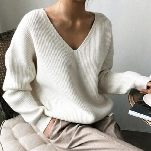 Vintage Knitted Sweater Women V Neck Casual Pullover Loose Fall Sweater Irregular Hem Jumper Solid Long Sleeve Sweaters