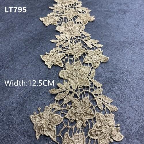 1 yard width 12.5cm Gold Mesh Lace Trim Luxury Embroidery Gold Lace Fabric for Wedding Dresses Sewing fabric Handmade LT795