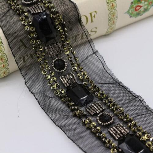 2Yard Rhinestone Beaded Lace Trim Vintage Mesh Fabric Gold Silver Paillette Sequin Chemical Lace Wedding Dress Dentelle Applique