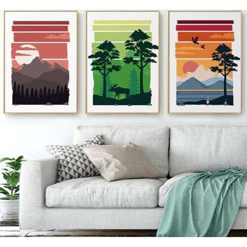 Abstract Sunrise Landscape Mountain Wall Art Canvas Painting Nordic Posters and Prints Wall Pictures for Living Bedroom Decor