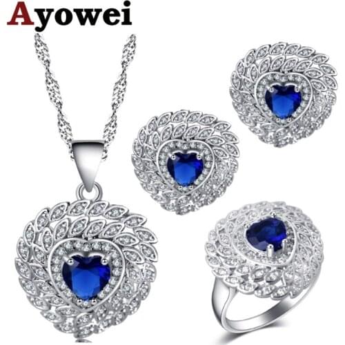 Ayowei Heart-shaped design for women blue zircon silver Earrings Necklace pendant Rings Sets USA size #6#7#8#9#10 JS727A