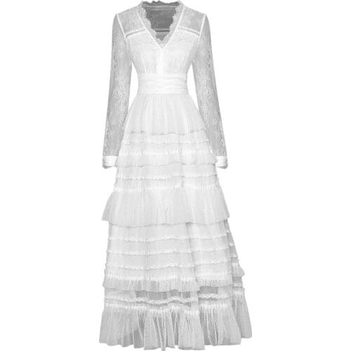 Black White Lace Long Dress 2021 Autumn Winter Party Evening Women Sexy V-Neck Cascading Ruffle Deco Long Mesh Dress Gowns XXL