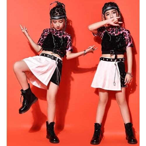 Kids Ballroom Hip Hop Dance Costumes Girls Jazz Clothing Short Sleeve Tops Skirt Cheerlead Dancing Performance Outfit VDB3493