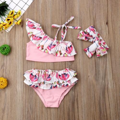 Brand New 3PCS Set Toddler Kids Baby Girls Flower Bikini Set Swimsuit Swimwear Bathing Suit Beachwear for 1-4T
