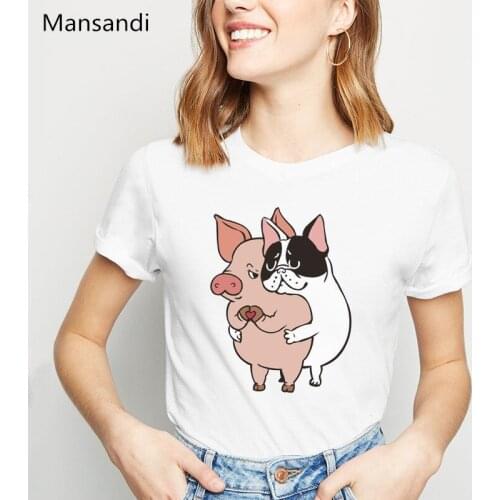 Funny t shirts women French Bulldog Hug Pig print tshirt femme summer tops harajuku kawaii clothes female t-shirt streetwear